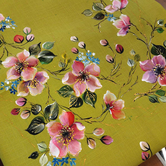 Delicately Hand-Painted Kurti Fabric Adorned With Blooming Floral Motifs.