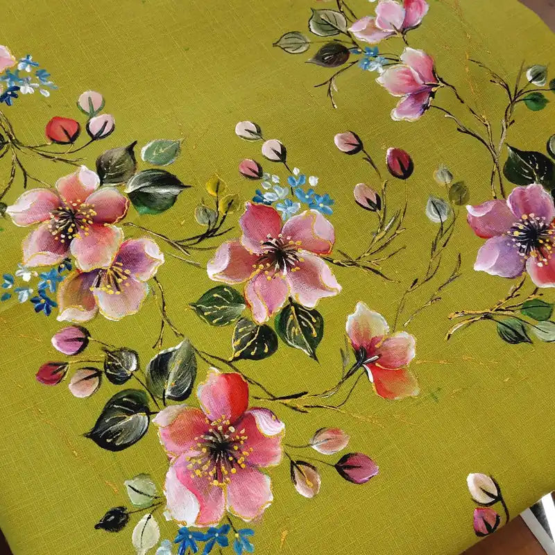 Delicately Hand-Painted Kurti Fabric Adorned With Blooming Floral Motifs.