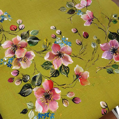 Delicately Hand-Painted Kurti Fabric Adorned With Blooming Floral Motifs.