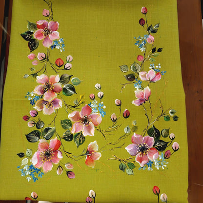 Delicately Hand-Painted Kurti Fabric Adorned With Blooming Floral Motifs.