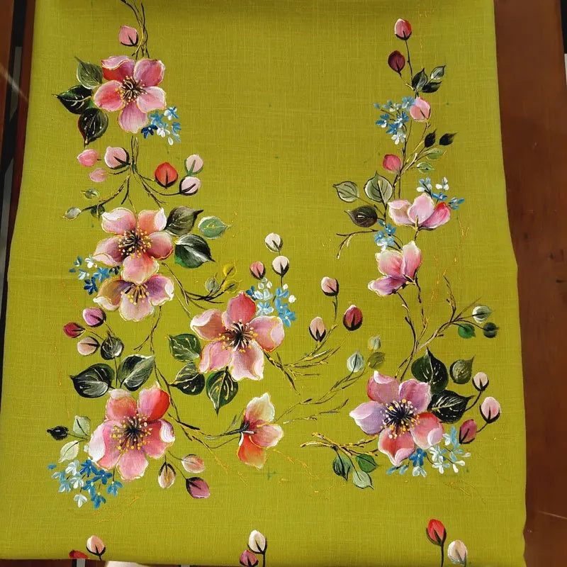 Delicately Hand-Painted Kurti Fabric Adorned With Blooming Floral Motifs.