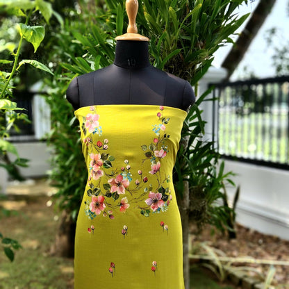 Delicately Hand-Painted Kurti Fabric Adorned With Blooming Floral Motifs.