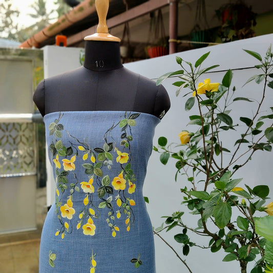 Pretty Floral-Themed Handpainted Linen-Cotton Kurti Material
