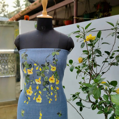 Pretty Floral-Themed Handpainted Linen-Cotton Kurti Material