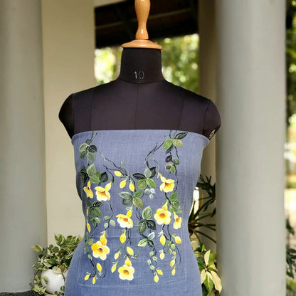Pretty Floral-Themed Handpainted Linen-Cotton Kurti Material