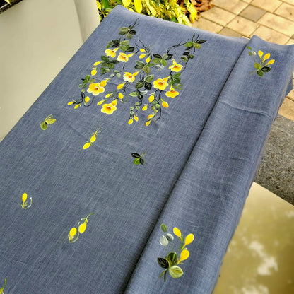 Pretty Floral-Themed Handpainted Linen-Cotton Kurti Material