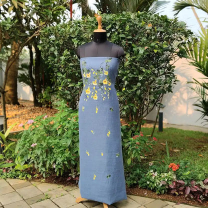 Pretty Floral-Themed Handpainted Linen-Cotton Kurti Material