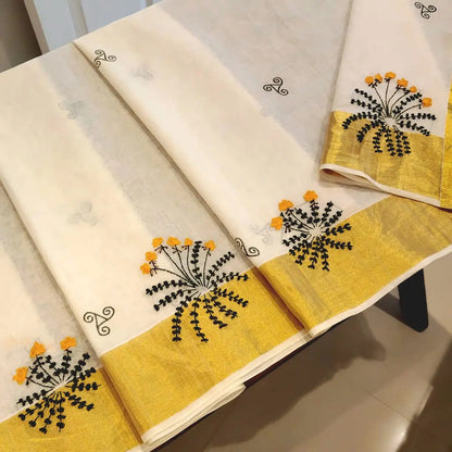 Elegant Kerala Kasavu Handloom Saree Adorned With Fne Hand Embroidery And Block Printing