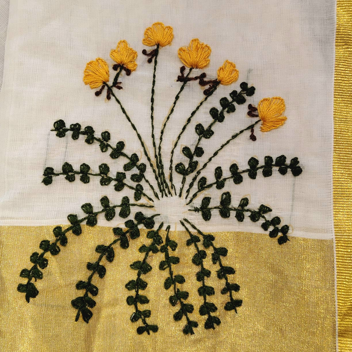 Elegant Kerala Kasavu Handloom Saree Adorned With Fne Hand Embroidery And Block Printing