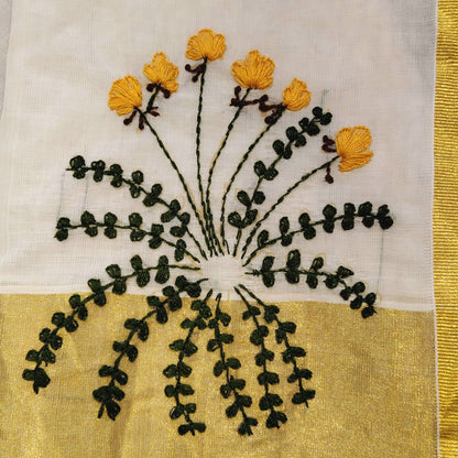 Elegant Kerala Kasavu Handloom Saree Adorned With Fne Hand Embroidery And Block Printing