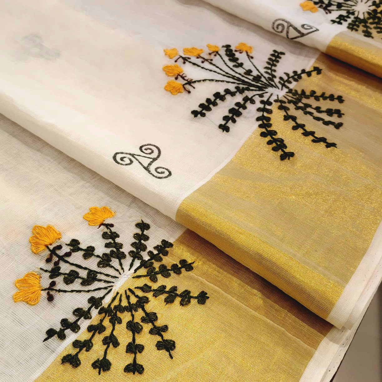 Elegant Kerala Kasavu Handloom Saree Adorned With Fne Hand Embroidery And Block Printing