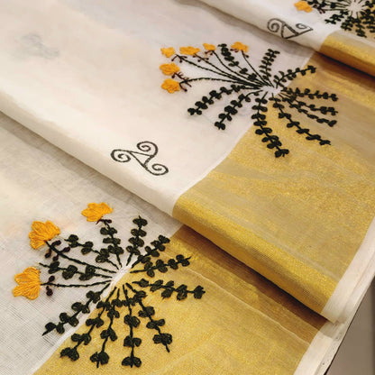 Elegant Kerala Kasavu Handloom Saree Adorned With Fne Hand Embroidery And Block Printing