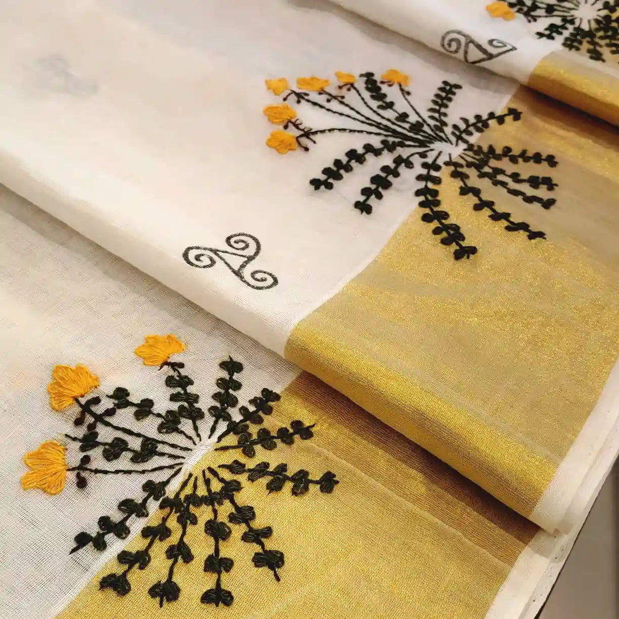 Elegant Kerala Kasavu Handloom Saree Adorned With Fne Hand Embroidery And Block Printing