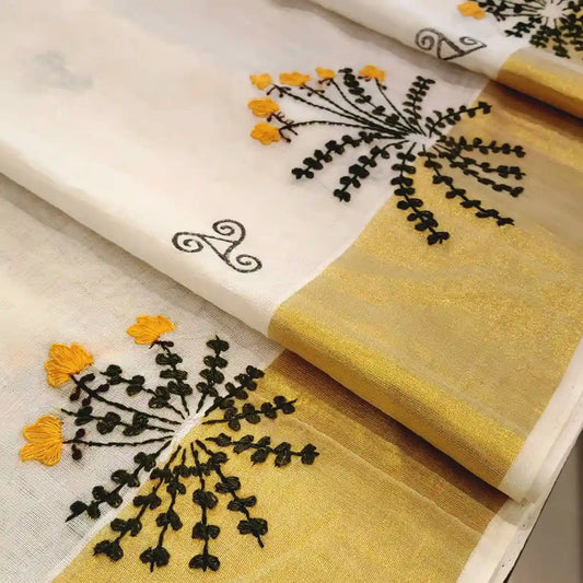 Elegant Kerala Kasavu Handloom Saree Adorned With Fne Hand Embroidery And Block Printing