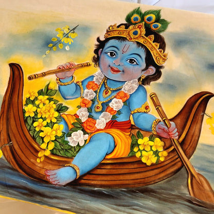 Traditional Kerala Kasavu Saree With A Beautifully Hand-Painted Baby Krishna Motif.