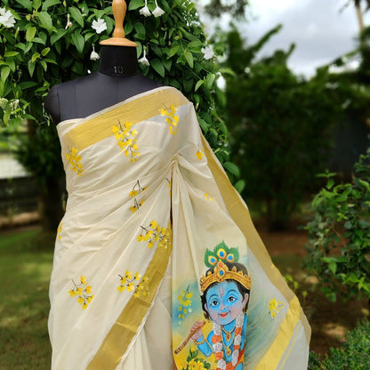 Traditional Kerala Kasavu Saree With A Beautifully Hand-Painted Baby Krishna Motif.