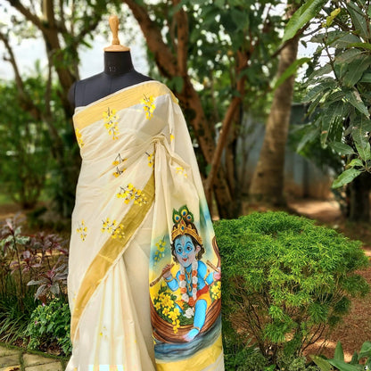 Traditional Kerala Kasavu Saree With A Beautifully Hand-Painted Baby Krishna Motif.