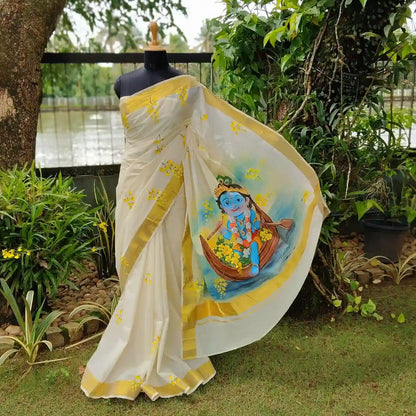 Traditional Kerala Kasavu Saree With A Beautifully Hand-Painted Baby Krishna Motif.