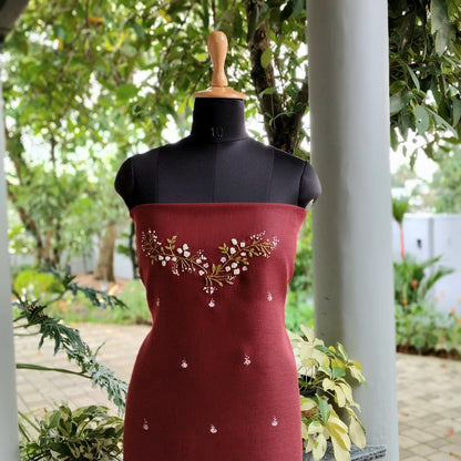 Soft Linen-Cotton Kurti Fabric With Delicate Hand Embroidery