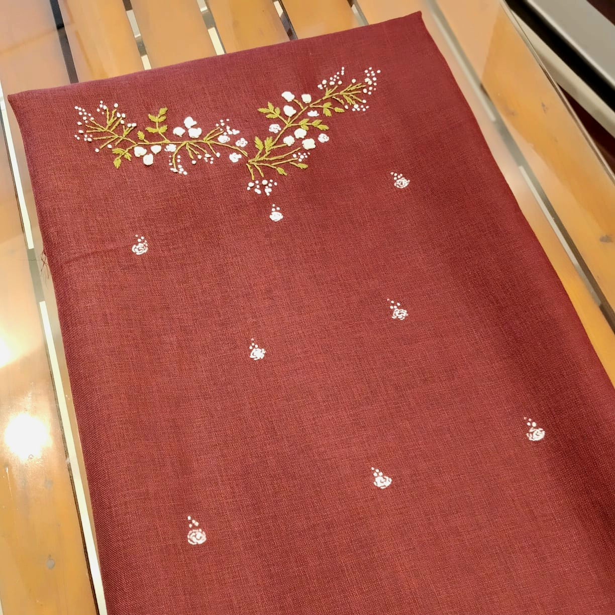 Soft Linen-Cotton Kurti Fabric With Delicate Hand Embroidery