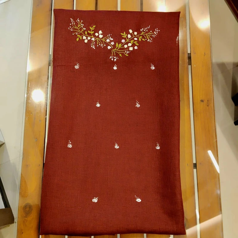 Soft Linen-Cotton Kurti Fabric With Delicate Hand Embroidery