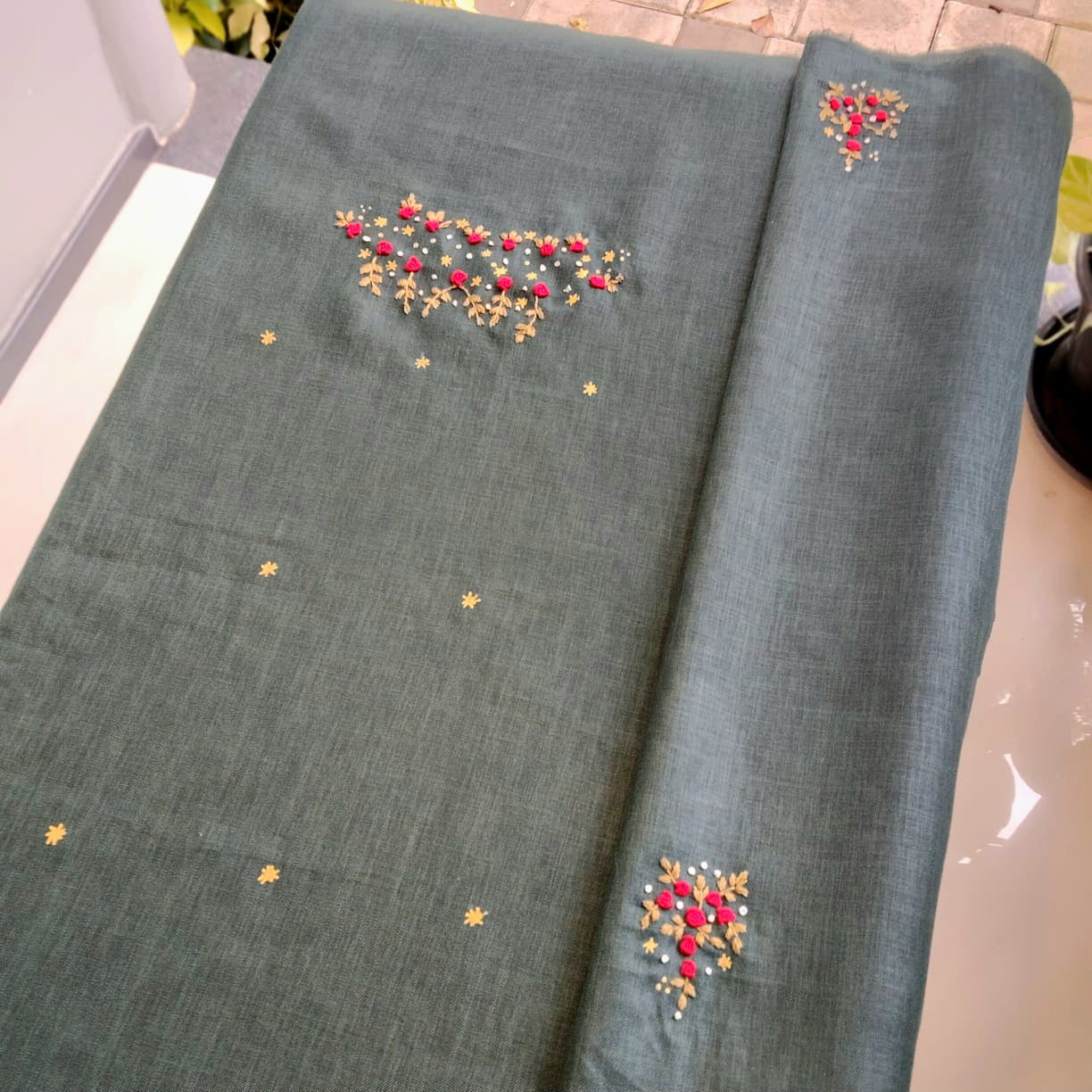 Graceful Linen-cotton Fabric With Fine Hand-Embroidered Motifs