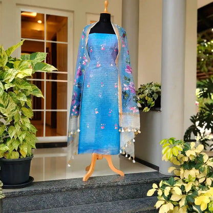 Hand-Painted 2 piece Kota Doria Set In Cool, Graceful Tones