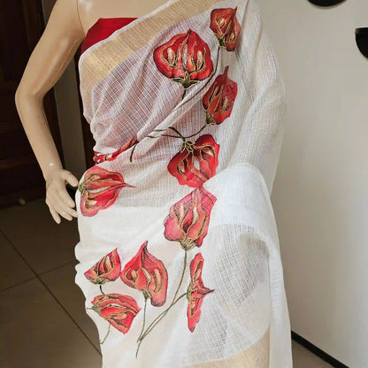 Dazzling White Kota Dora Saree with beadwork