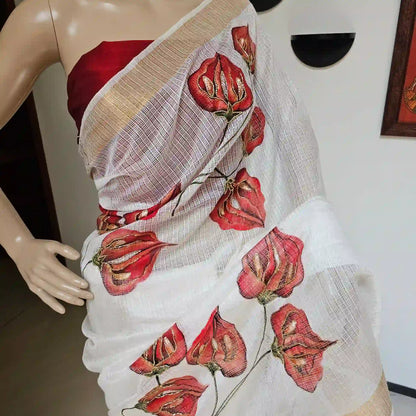Dazzling White Kota Dora Saree with beadwork