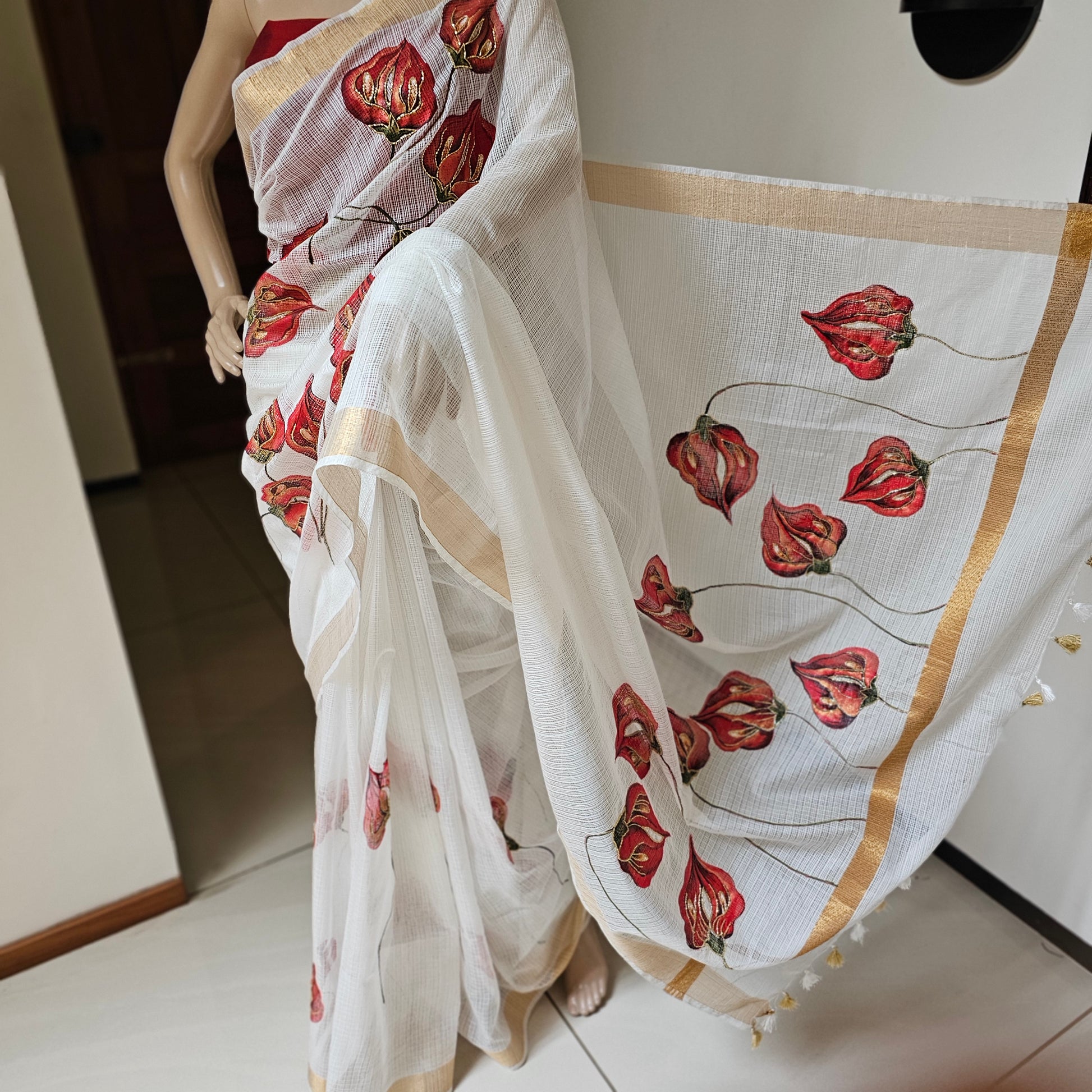 Affordable White Kota Dora Saree with beadwork