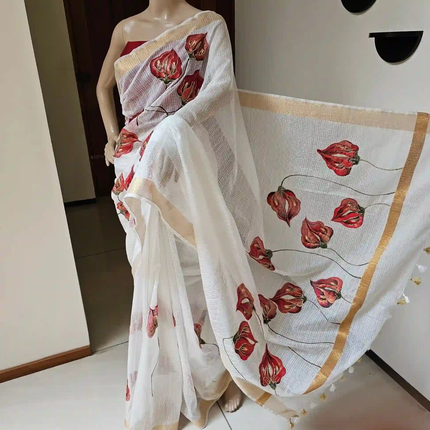 Dazzling White Kota Dora Saree with beadwork
