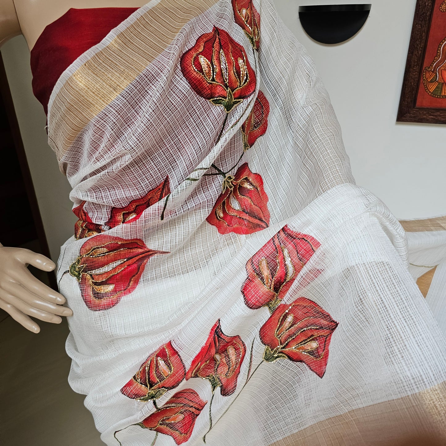 handprinted Saree with beadwork