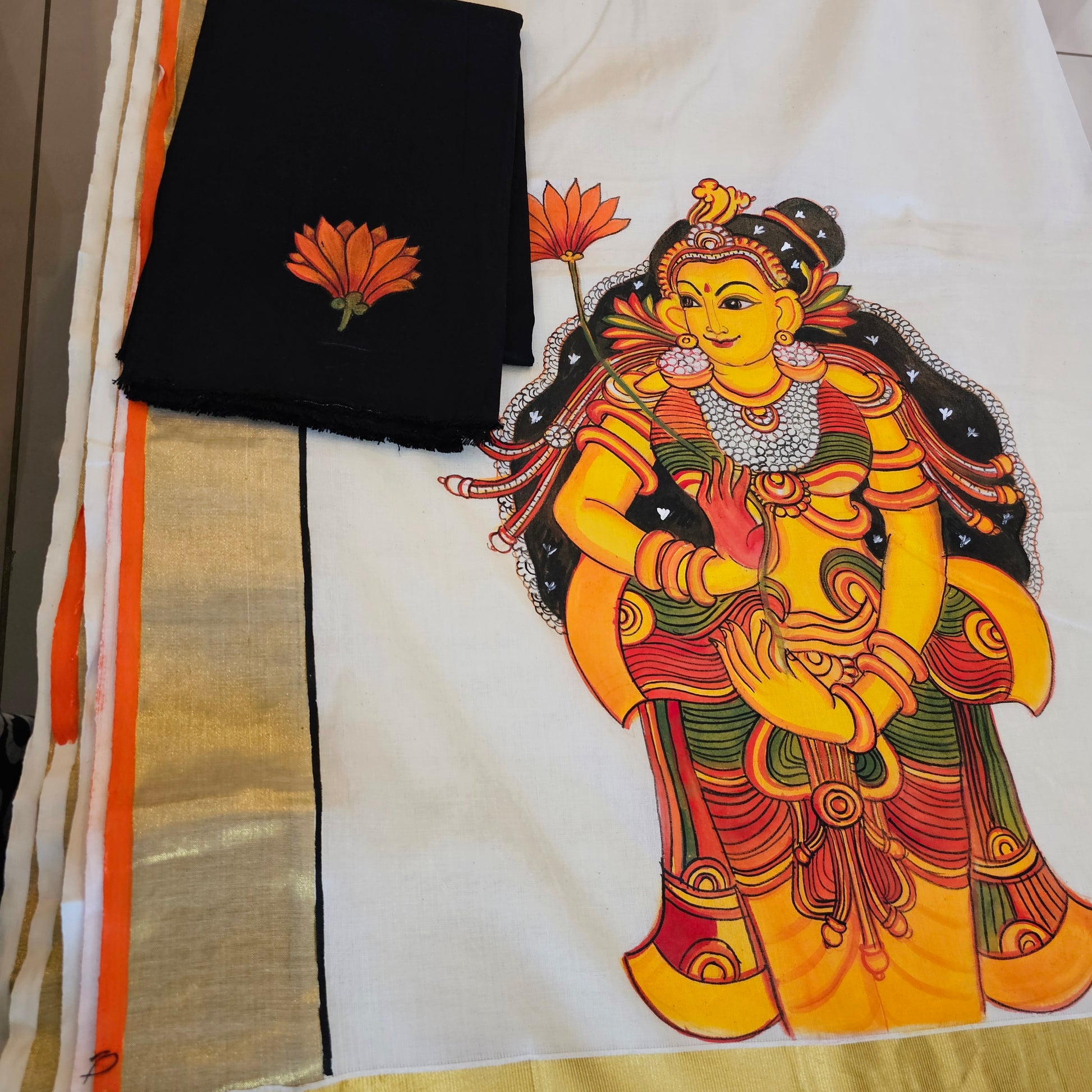 Hand-painted Saree in Kerala Mural Style