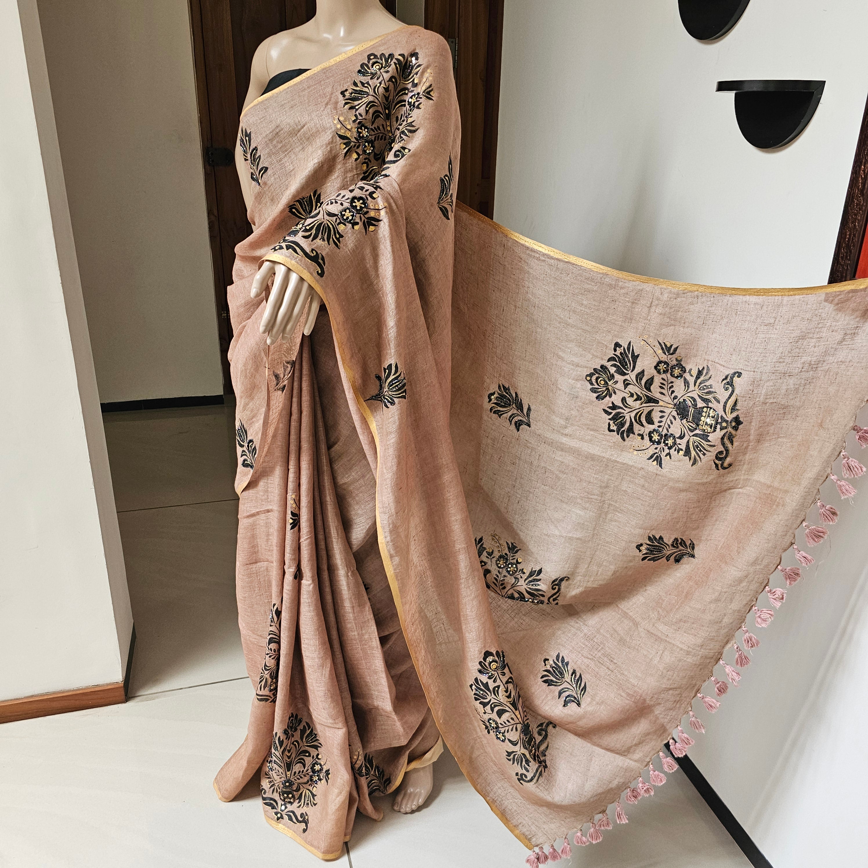 Floral fashion hand painted linen saree