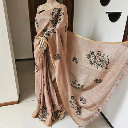 Exclusive Hand-painted Linen Saree with Blouse piece