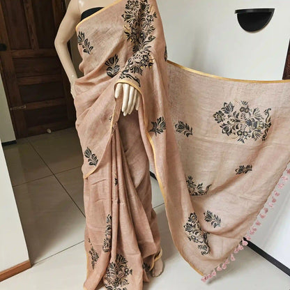 Exclusive Hand-painted Linen Saree with Blouse piece