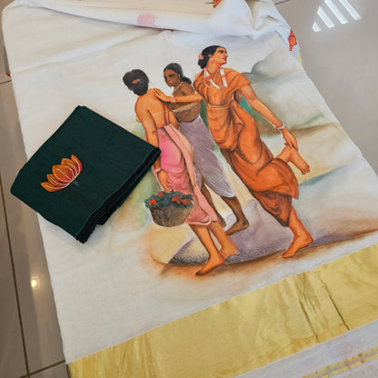 Hand-painted Kerala saree featuring Ravi Varma artwork