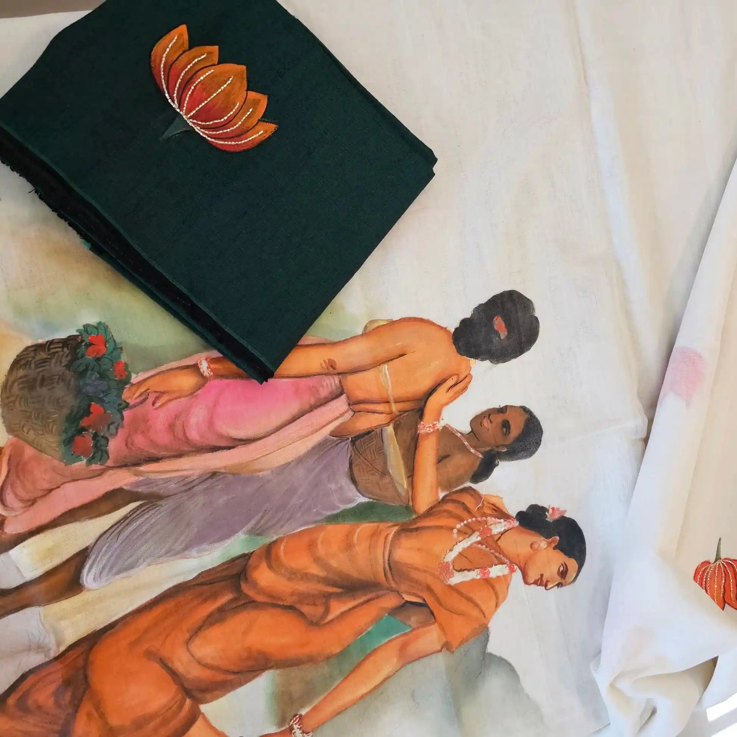 Hand-painted Kerala saree featuring Ravi Varma artwork