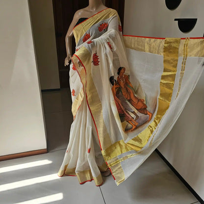 Hand-painted Kerala saree featuring Ravi Varma artwork