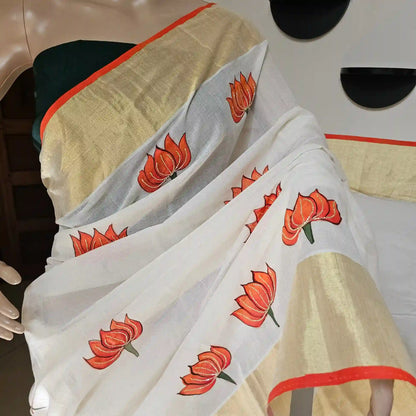 Hand-painted Kerala saree featuring Ravi Varma artwork