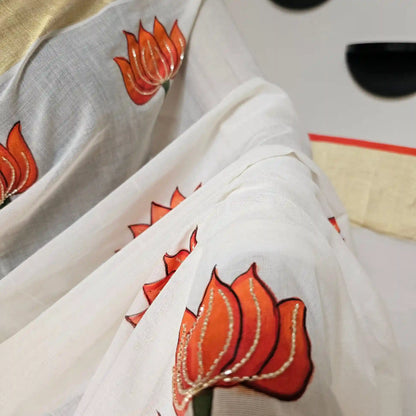 Hand-painted Kerala saree featuring Ravi Varma artwork