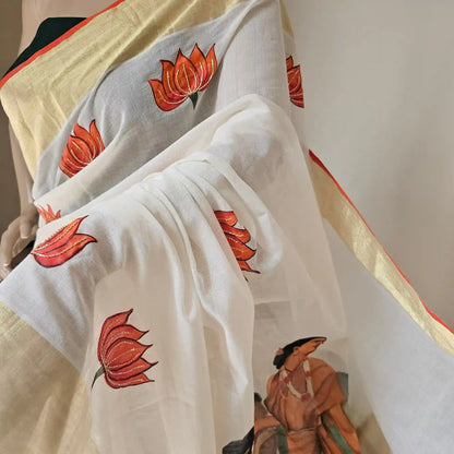 Hand-painted Kerala saree featuring Ravi Varma artwork