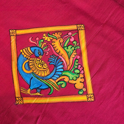 Reddish Maroon Kalamkari Style Hand-painted Blouse piece