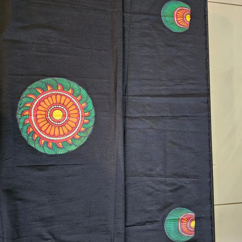 Black Hand-painted Raw Cotton Blouse Piece in Kerala Mural Style