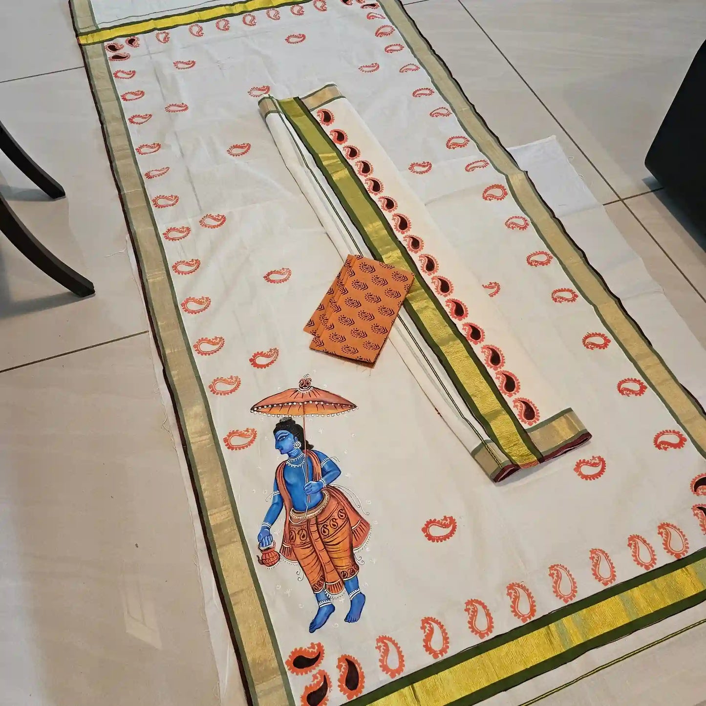 Unique Hand-painted Kerala Set Mundu.