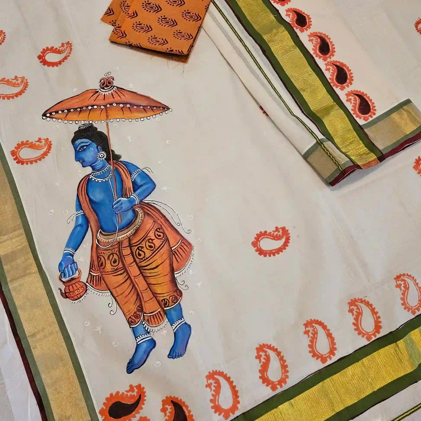 Unique Hand-painted Kerala Set Mundu.