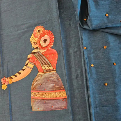 Hand-painted  Dancing lady on Blue Blouse
