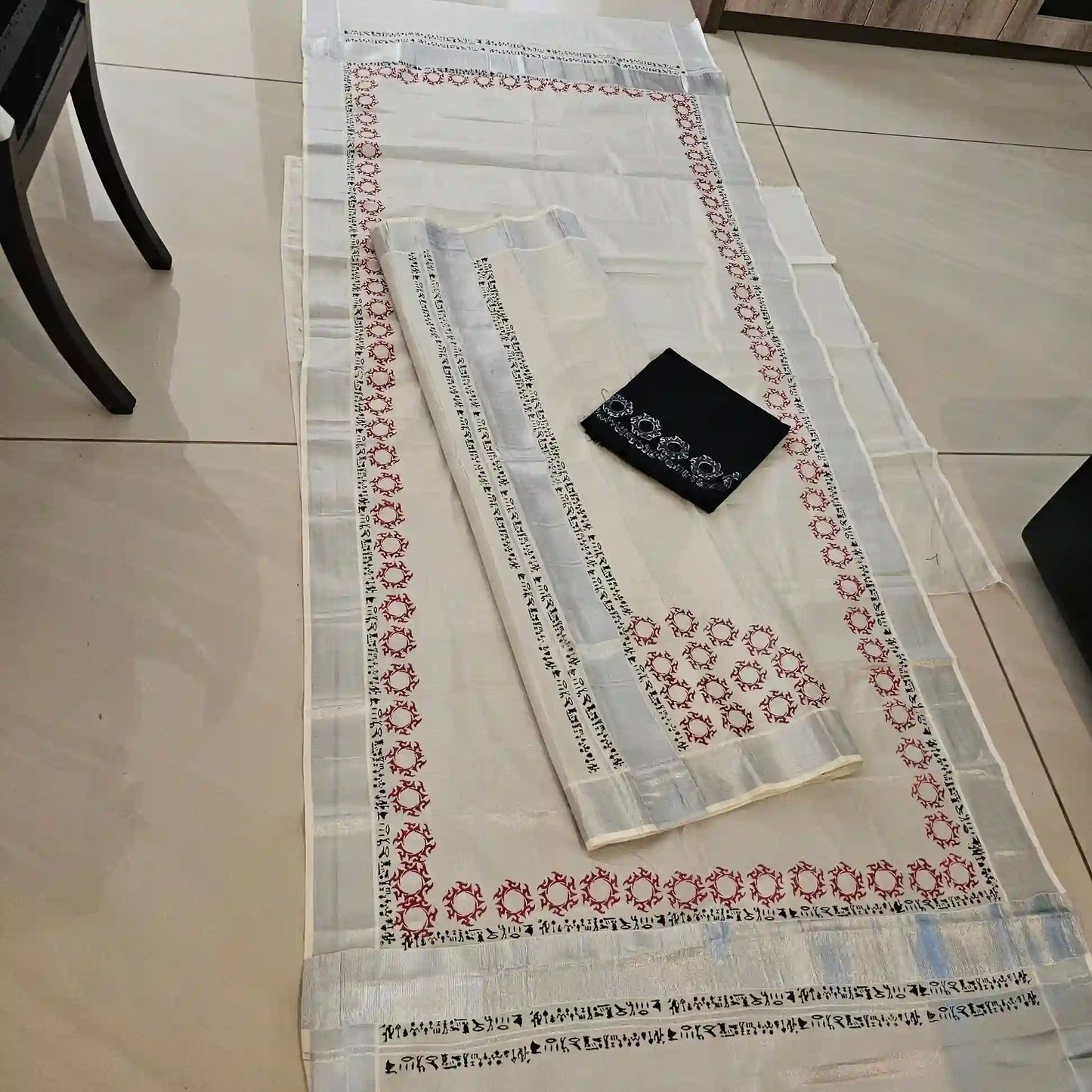 Hand block printed  Silver Kara Set Mundu