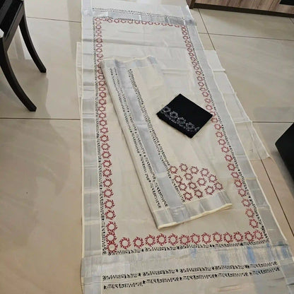 Hand block printed  Silver Kara Set Mundu