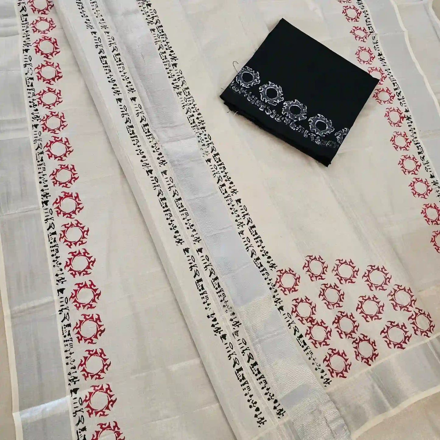 Hand block printed  Silver Kara Set Mundu